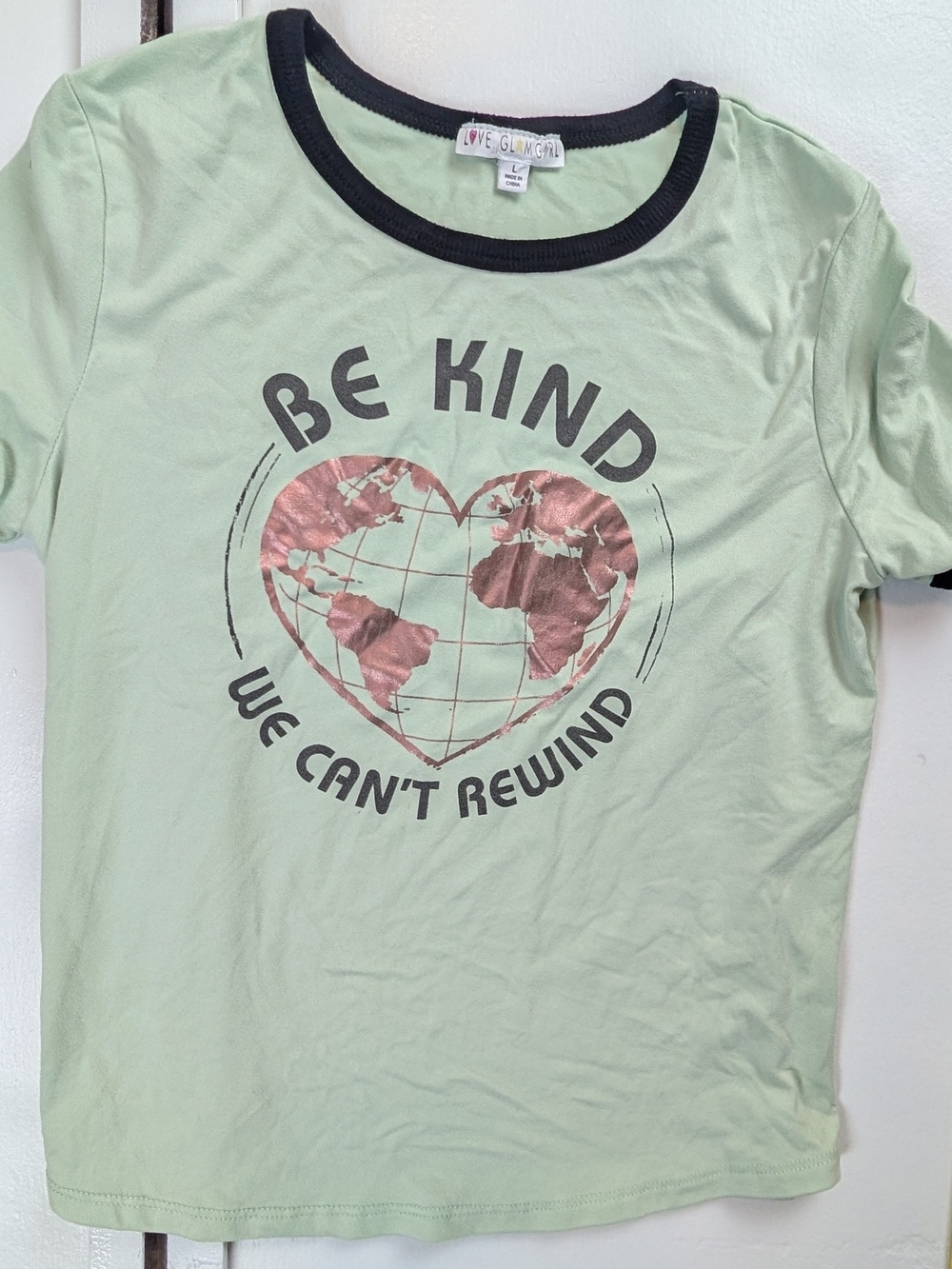 Love Glam Mint Green Ringer Tee with Rose Gold Globe Heart